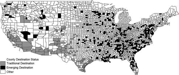FIGURE 1 . Defining traditional versus emerging immigration destinations. Source: Authors' analysis of Pew Hispanic data from 2000 and 2010 Census. Traditional destinations (N=141) have at least 20% population Latino in 2000. Emerging destinations (N=486) had <10% county population Latino in 2000, and the Latino population grew by at least 100% from 2000 to 2010. Medical Care: May 2016 - Volume 54 - Issue 5 - p 442–448 doi: 10.1097/MLR.0000000000000504